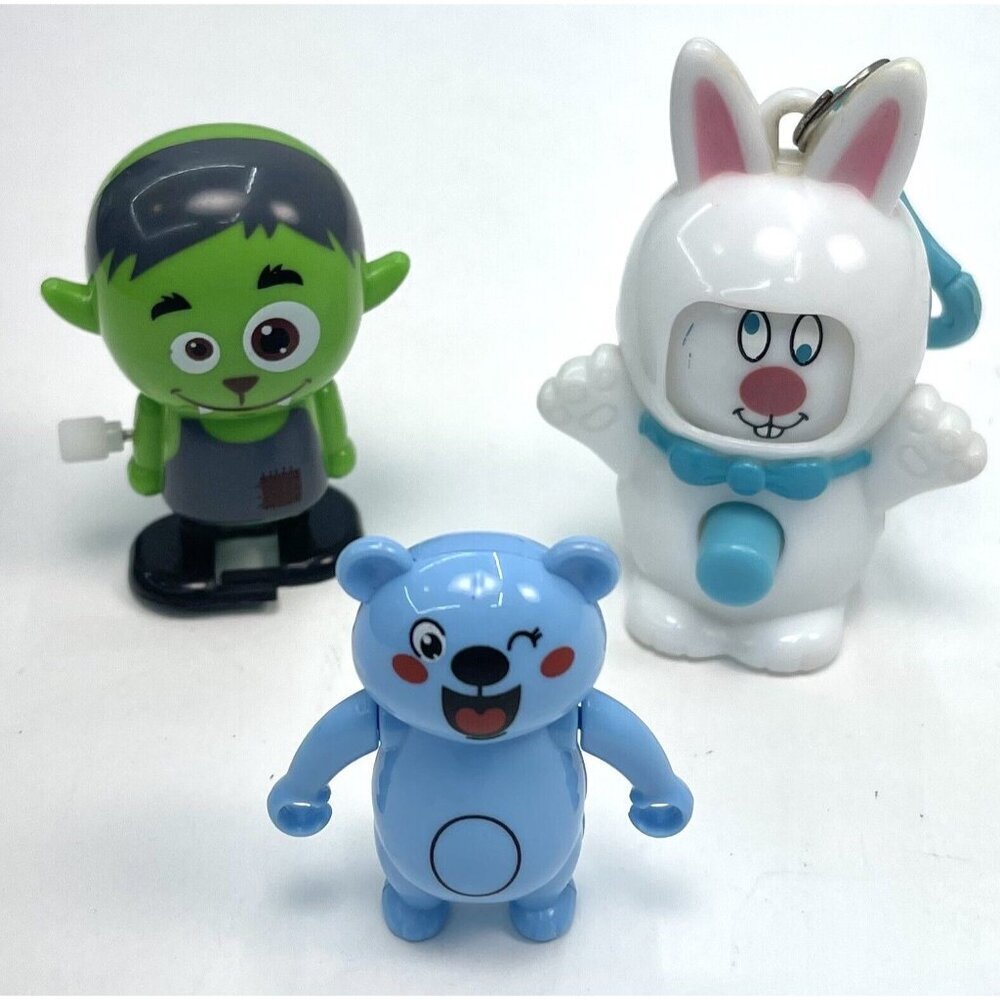 3x Plastic 2" Cartoon Anime FIGURES Wind-Up FRANKENSTEIN Keychain BUNNY BEAR EUC